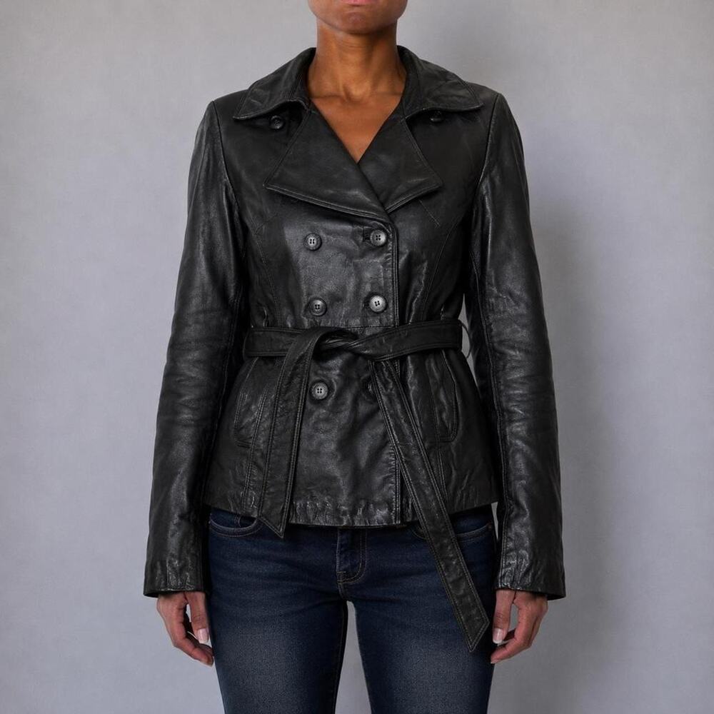 VTG JLC 100% Genuine Leather Black Mobwife Double Breasted Belted Jacket Size M